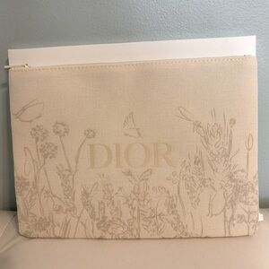 Dior Ivory Creme Zippered Pouch w/Embossed Flowers and Butterflies Approx 7”x9”